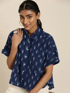 Taavi Women Blue & Off White Indigo Print Roll-Up Sleeves Regular Top