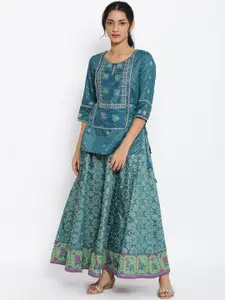 W Women Green Floral Embroidered Kurti with Skirt