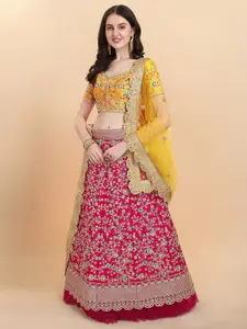 Amrutam Fab Pink & Yellow Embroidered Thread Work Semi-Stitched Lehenga & Unstitched Blouse With Dupatta