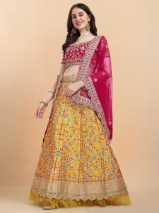 Amrutam Fab Yellow & Pink Embroidered Thread Work Semi-Stitched Lehenga & Unstitched Blouse With Dupatta