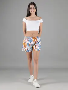 wHAT'S DOwn Women White & Blue Printed Lounge Shorts