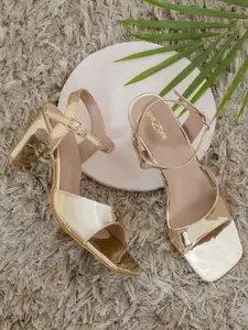 Shezone Gold-Toned Buckle Detail Block Heels