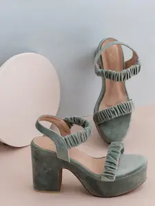 Shezone  Womens Sea Green Textured Suede Block Heels
