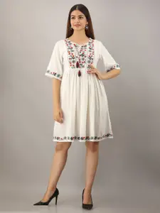 Sangria White Floral Embroidered Tie-Up Neck Empire Dress