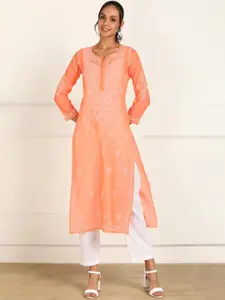 VAHSON Women Orange Embellished Flared Sleeves Gotta Patti Handloom Chanderi Silk Kurta