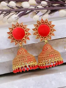 Crunchy Fashion Red & Gold-Toned Dome Shaped Jhumkas Earrings