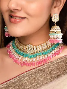 Rubans Gold-Plated Pink And Green Beaded Necklace Set