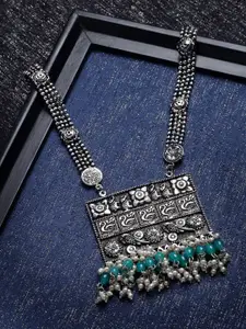 PANASH Silver-Toned & Green Brass Silver-Plated Oxidised Necklace