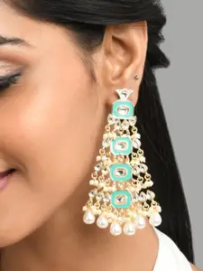 Fida Gold-Plated Sea Green Kundan Studded Enamelled Classic Drop Earrings