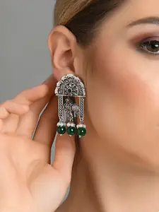 Fida Silver-Toned Contemporary Emerald Beaded Drop Earrings