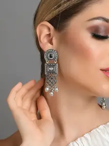 Fida Silver-Plated Black Stones Studded Classic Drop Earrings