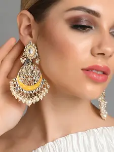 Fida Ethnic Gold-Toned & Yellow Circular Chandbalis Meenakari Pearl Earrings