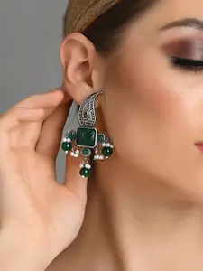 Fida Silver-Toned & Green Contemporary Jhumkas Earrings