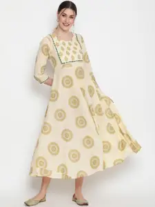 GLAM ROOTS Women Yellow Printed Yoke Design Gotta Patti Ankle Length Ethnic Dress