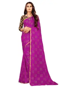 Rhey Magenta & Gold-Toned Checked Beads and Stones Fusion Saree