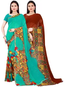 Florence Brown & Sea Green Set Of 2 Pure Georgette Saree