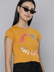 Flying Machine Women Mustard Yellow Typography Printed Crop T-shirt