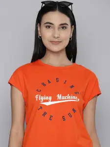 Flying Machine Women Red Brand Logo Printed Pure Cotton T-shirt