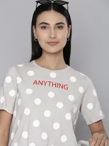 Flying Machine Women Grey & White Polka Dots Printed Pure Cotton Boxy T-shirt