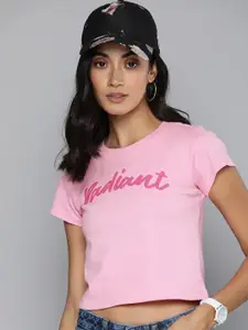 Flying Machine Women Pink Typography Printed T-shirt