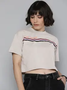 Flying Machine Women Grey Striped Drop-Shoulder Sleeves Pure Cotton Crop Boxy T-shirt