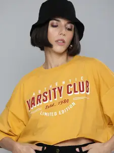 Flying Machine Women Mustard Yellow & Red Printed Drop-Shoulder Sleeves Crop T-shirt
