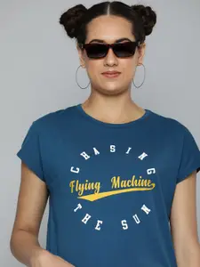 Flying Machine Women Teal Blue Typography Printed Pure Cotton T-shirt