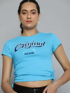 Flying Machine Women Blue Brand Logo Printed Crop T-shirt