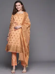 Chhabra 555 Peach-Coloured & Gold-Toned Unstitched Dress Material