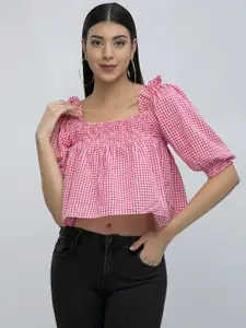 Athah Pink Checked Pure Cotton Crop Top With Smocking