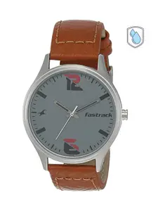 Fastrack Men Grey Brass Dial & Brown Leather Straps Analogue Watch 3229SL01