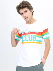 HIGHLANDER Men White & Blue Printed Cotton Slim Fit T-shirt