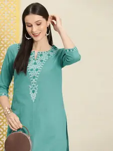 House of Pataudi Women Teal Blue Floral Embroidered Pure Cotton Rozana Straight Kurta