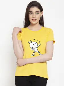 Friskers Women Yellow Three star Printed T-shirt