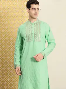 House of Pataudi Jashn Sequinned Embellished Yoke Design Zari Work Pure Cotton Kurta