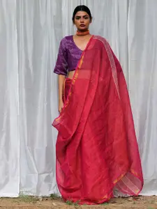 Chidiyaa Pink & White Zari Pure Linen Saree