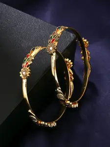 Yellow Chimes Set Of 2 Gold-Toned Floral Designed Meenakari Touch Traditional Bangles