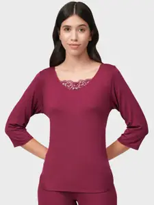 Amante Women Burgundy Solid Lace Touch Lounge T-shirt