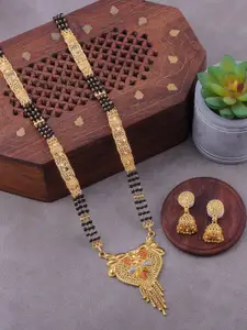 Brandsoon Gold-Plated Black Beaded Mangalsutra With Earrings