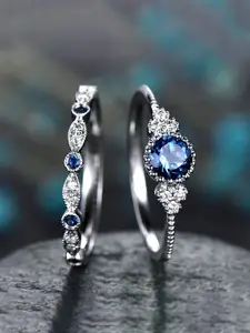 Unwind by Yellow Chimes Set Of 2 Silver-Plated Blue Crystal-Studded Finger Rings