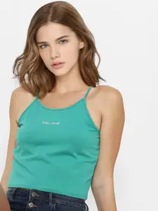 ONLY Women Green & White Printed Cotton Crop T-Shirt