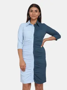 PowerSutra Women  Blue Colourblocked Formal Shirt Dress