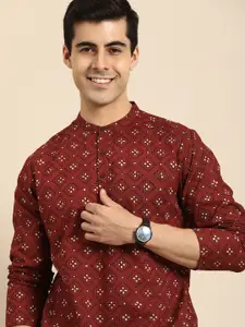 Anouk Men Red & Cream-Coloured Ethnic Motifs Printed Pure Cotton Short Kurta