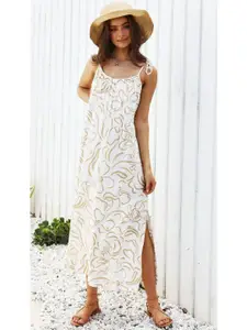 La Aimee White & Beige Abstract Printed Maxi Dress