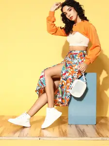 Berrylush White Abstract Peekaboo Bottom Skirt