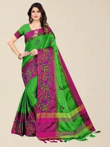 SERONA FABRICS Green & Purple Embellished Embroidered Silk Cotton Saree