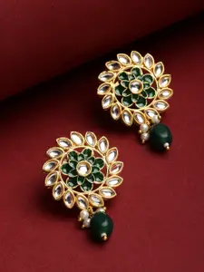 PANASH Gold-Toned & Green Floral Drop Earrings
