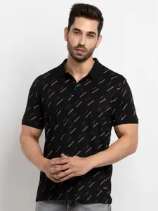Status Quo Men Black Typography Printed Cotton Polo Collar T-shirt