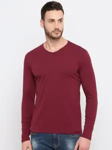 Status Quo Men Maroon Solid Cotton V-Neck T-shirt