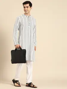 Anouk Men White Geometric Printed Kurta with White Pyjamas